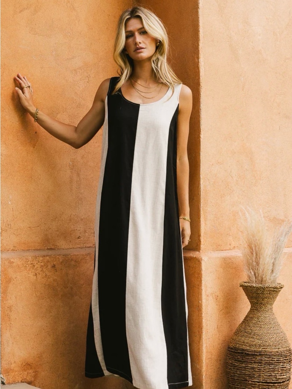 Sleeveless Black and White Striped Maxi Dress